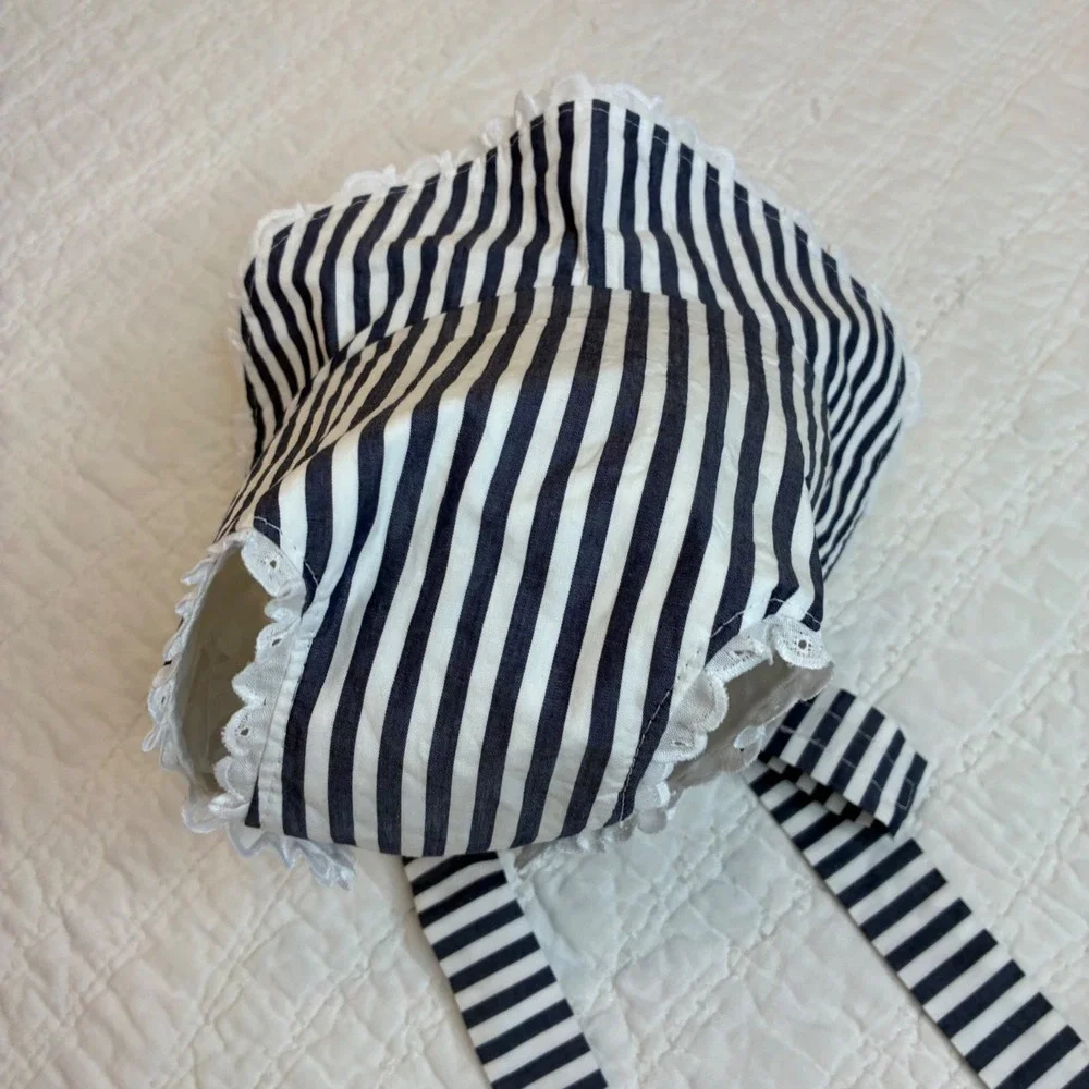 The Beaufort Bonnet Co Navy White Stripe Eyelet Trim Bonnet Small Adjustable